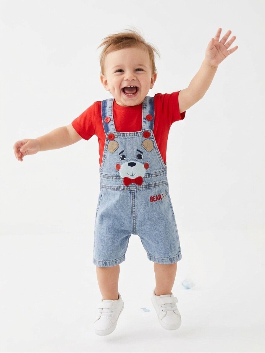 Pamuklu Ayıcık Dtaylı Salopet Tulum Erkek Bebek 2li Takım