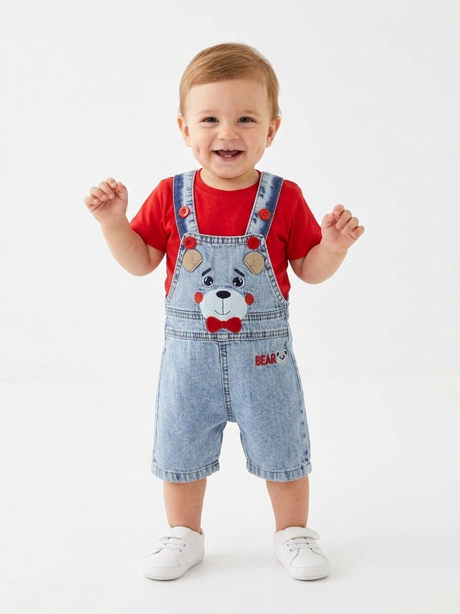 Pamuklu Ayıcık Dtaylı Salopet Tulum Erkek Bebek 2li Takım