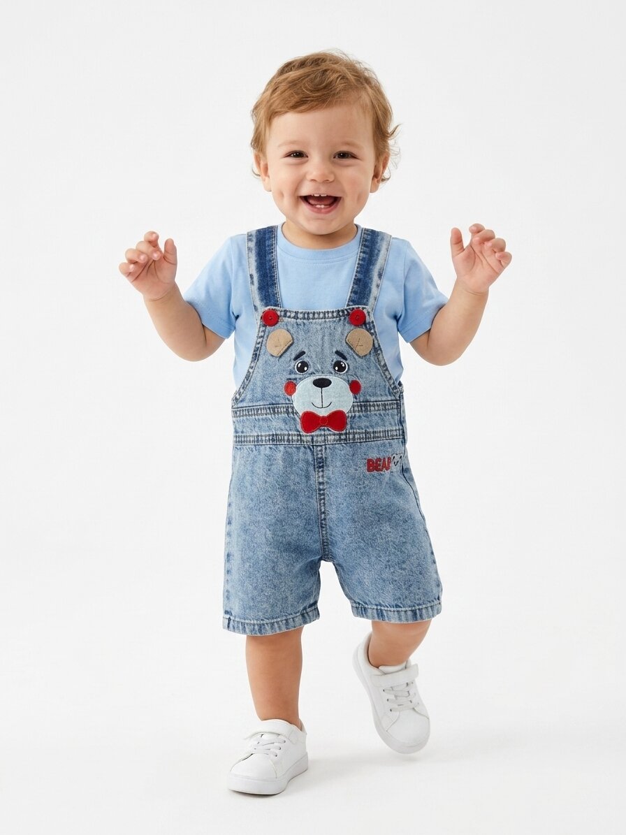 Pamuklu Ayıcık Dtaylı Salopet Tulum Erkek Bebek 2li Takım