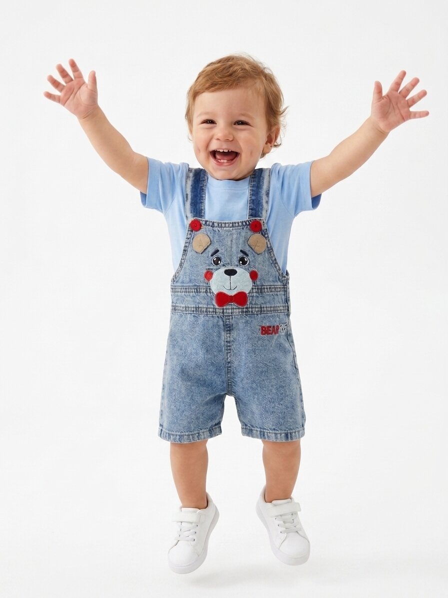 Pamuklu Ayıcık Dtaylı Salopet Tulum Erkek Bebek 2li Takım