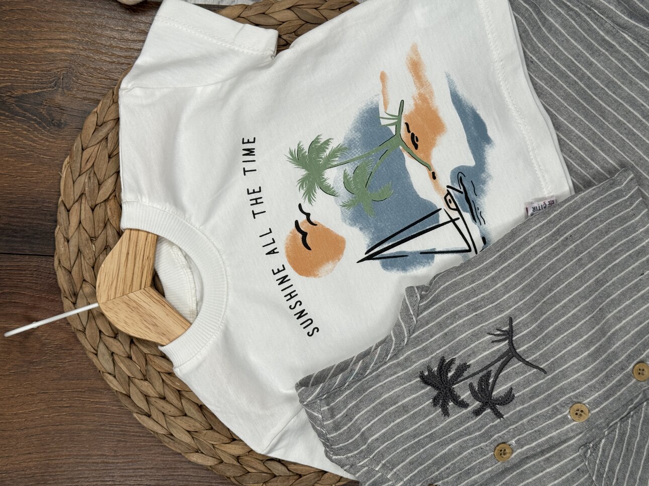 Pamuklu Çizgili Palmiye Detaylı 3lü Erkek Bebek Takım