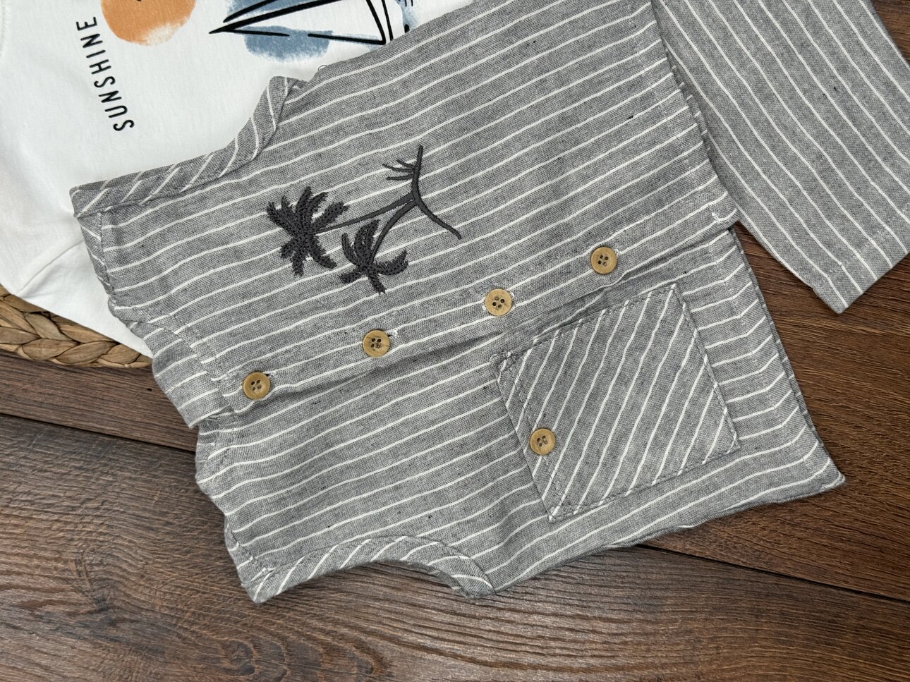 Pamuklu Çizgili Palmiye Detaylı 3lü Erkek Bebek Takım