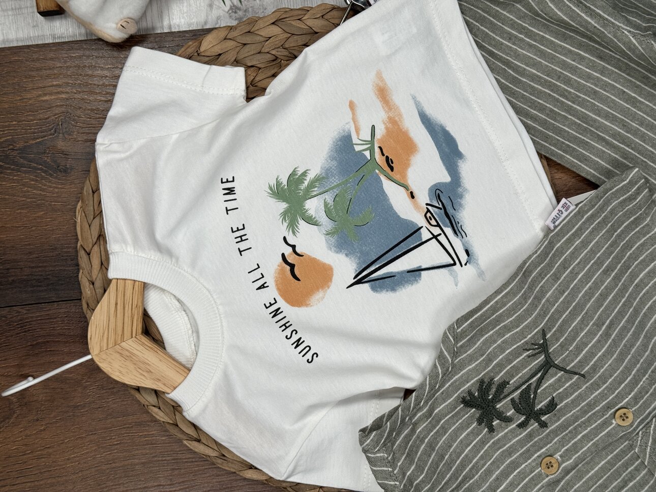 Pamuklu Çizgili Palmiye Detaylı 3lü Erkek Bebek Takım