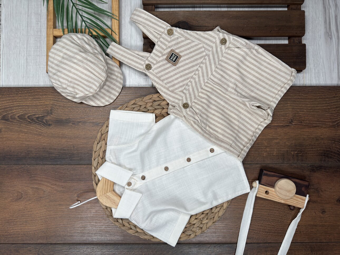 Pamuklu Şeritli Gömlekli Şapkalı Salopet Şortlu Tulum Erkek Bebek 3lü Takım