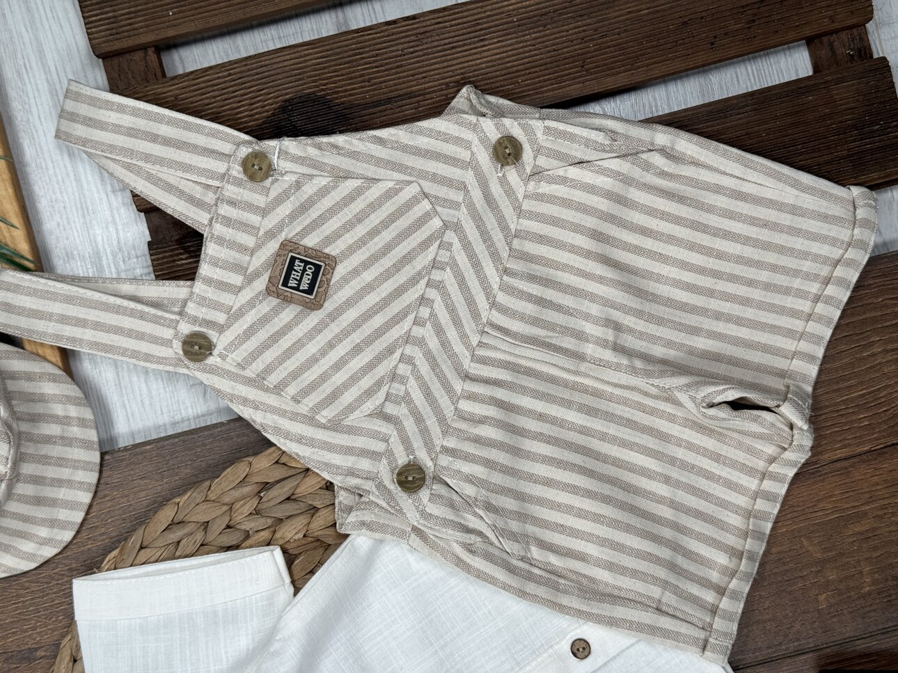 Pamuklu Şeritli Gömlekli Şapkalı Salopet Şortlu Tulum Erkek Bebek 3lü Takım