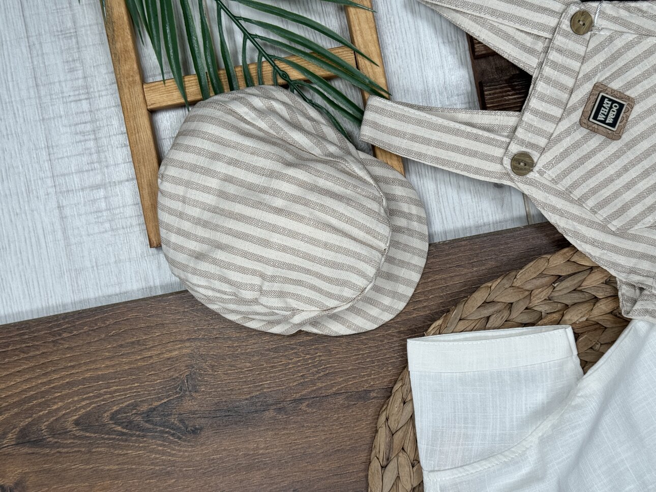 Pamuklu Şeritli Gömlekli Şapkalı Salopet Şortlu Tulum Erkek Bebek 3lü Takım