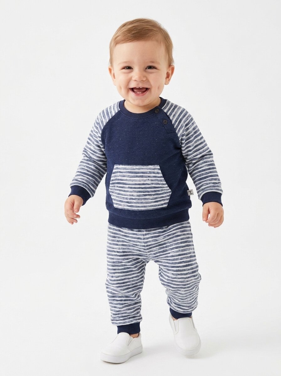 %100 Pamuk Kanguru Cep Çizgili Erkek Bebek Takım