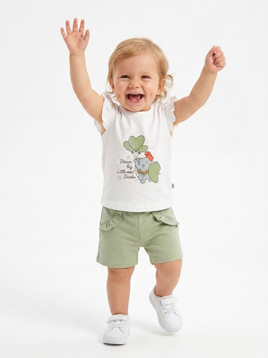 Pamuklu Sevimli Fil Detaylı Kız Bebek 2li Şortlu Takım