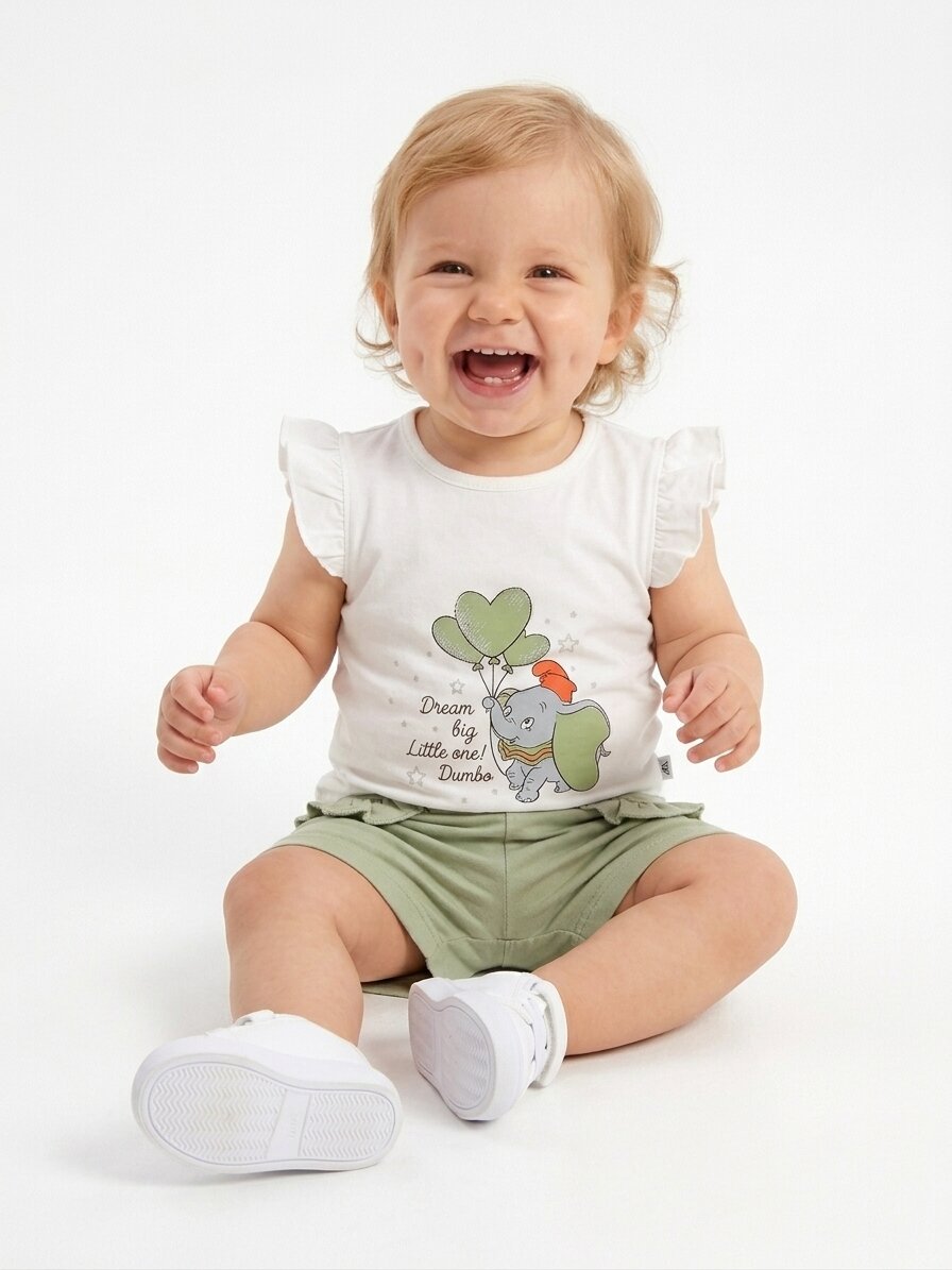 Pamuklu Sevimli Fil Detaylı Kız Bebek 2li Şortlu Takım