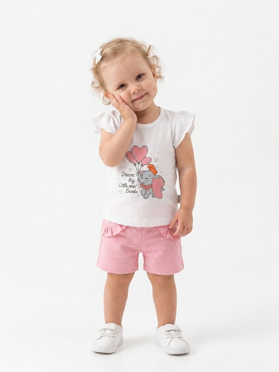 Pamuklu Sevimli Fil Detaylı Kız Bebek 2li Şortlu Takım