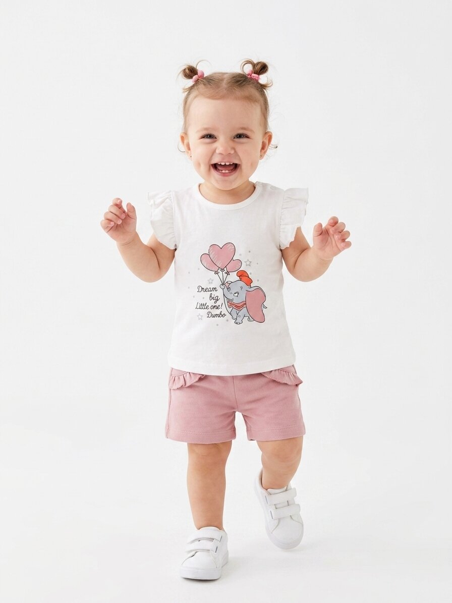 Pamuklu Sevimli Fil Detaylı Kız Bebek 2li Şortlu Takım