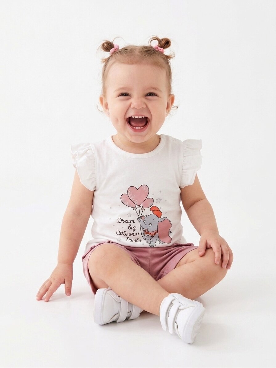 Pamuklu Sevimli Fil Detaylı Kız Bebek 2li Şortlu Takım