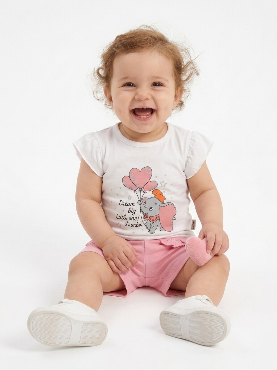 Pamuklu Sevimli Fil Detaylı Kız Bebek 2li Şortlu Takım