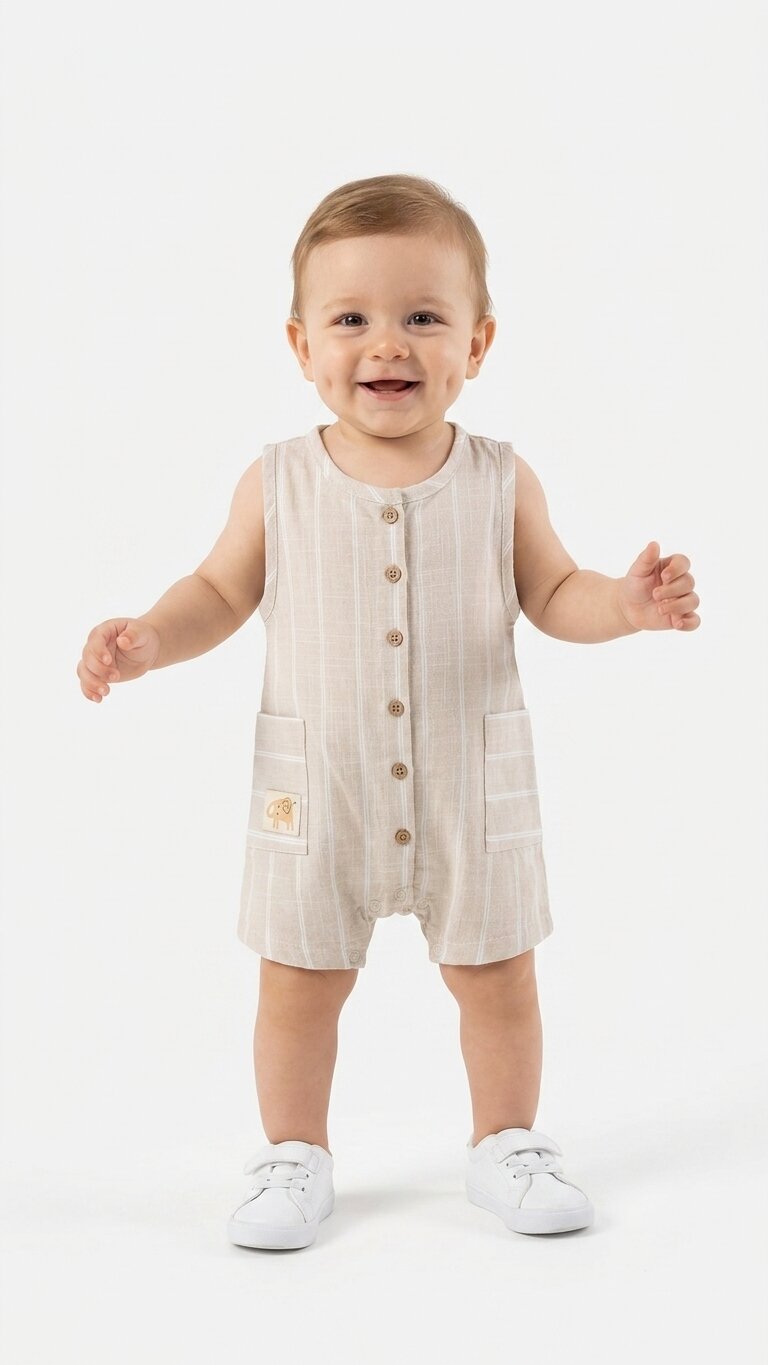 Pamuklu Düğmeli Cep Detaylı Keten Erkek Bebek Tulum