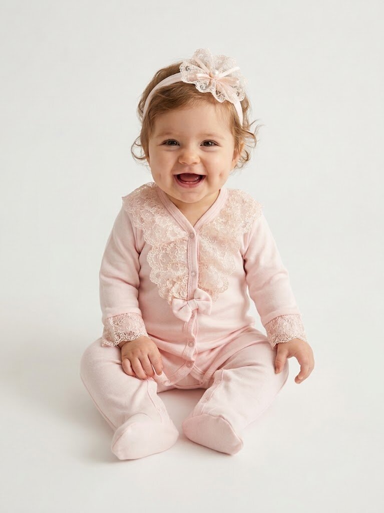 Pamuklu Dantel Detaylı Bandanalı 2 li Tulum Kız Bebek Takım