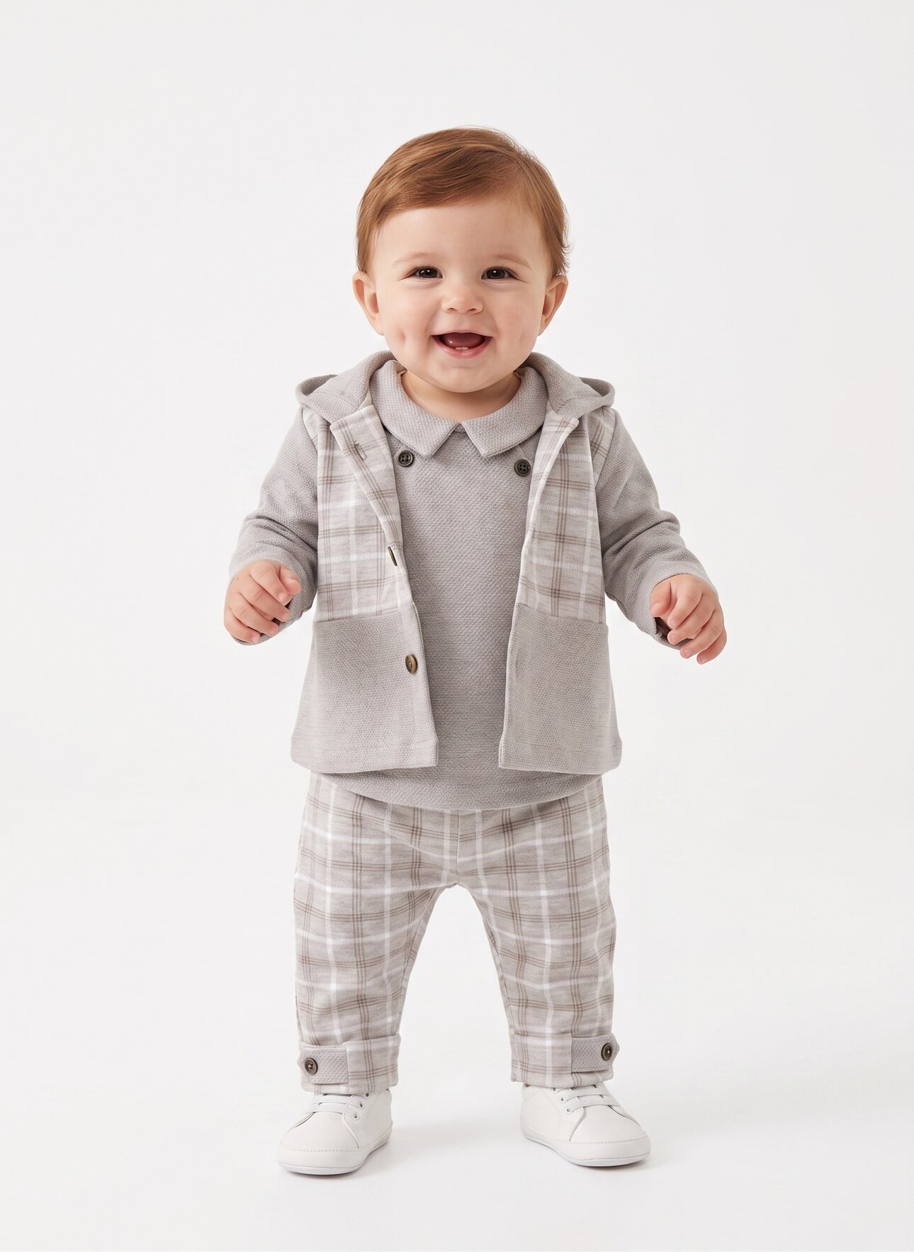 Pamuklu Ekose Detaylı Hırkalı 3lü Erkek Bebek Takım
