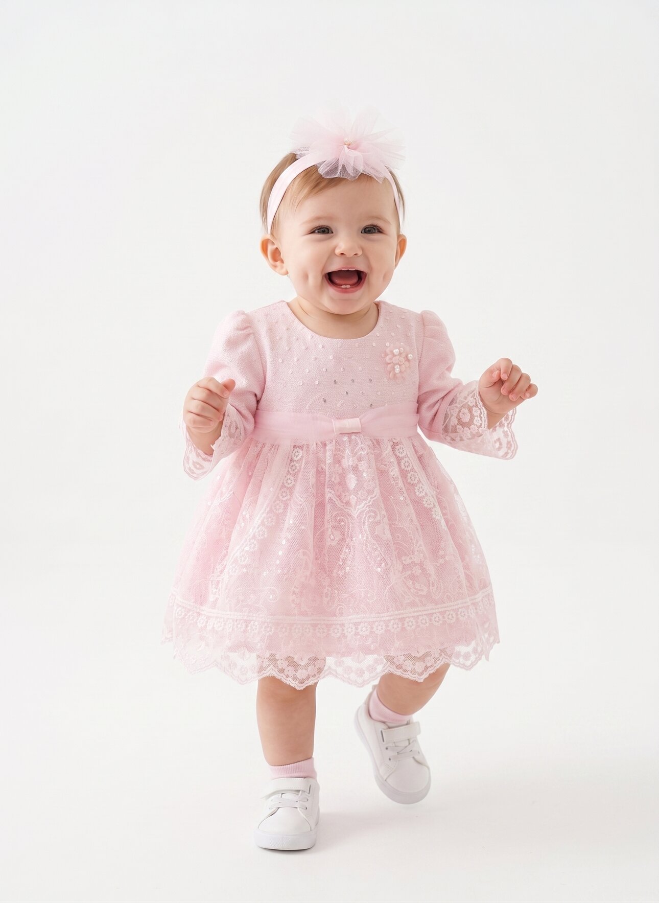Pamuklu Tül Detaylı Bandanalı  2li Kız Bebek Elbise