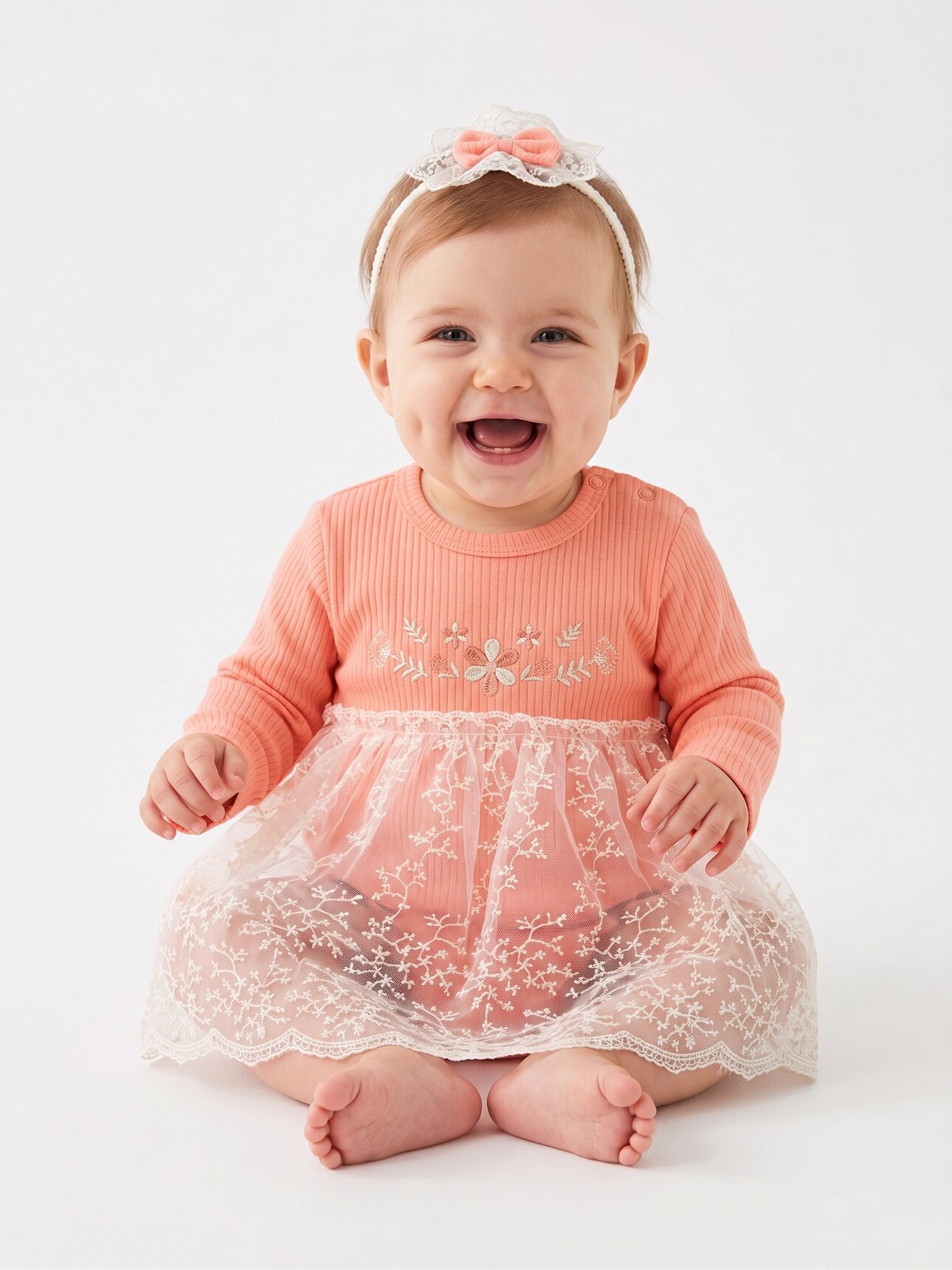 Pamuklu Çiçek Nakışlı Dantelli 2li Kız Bebek Elbise