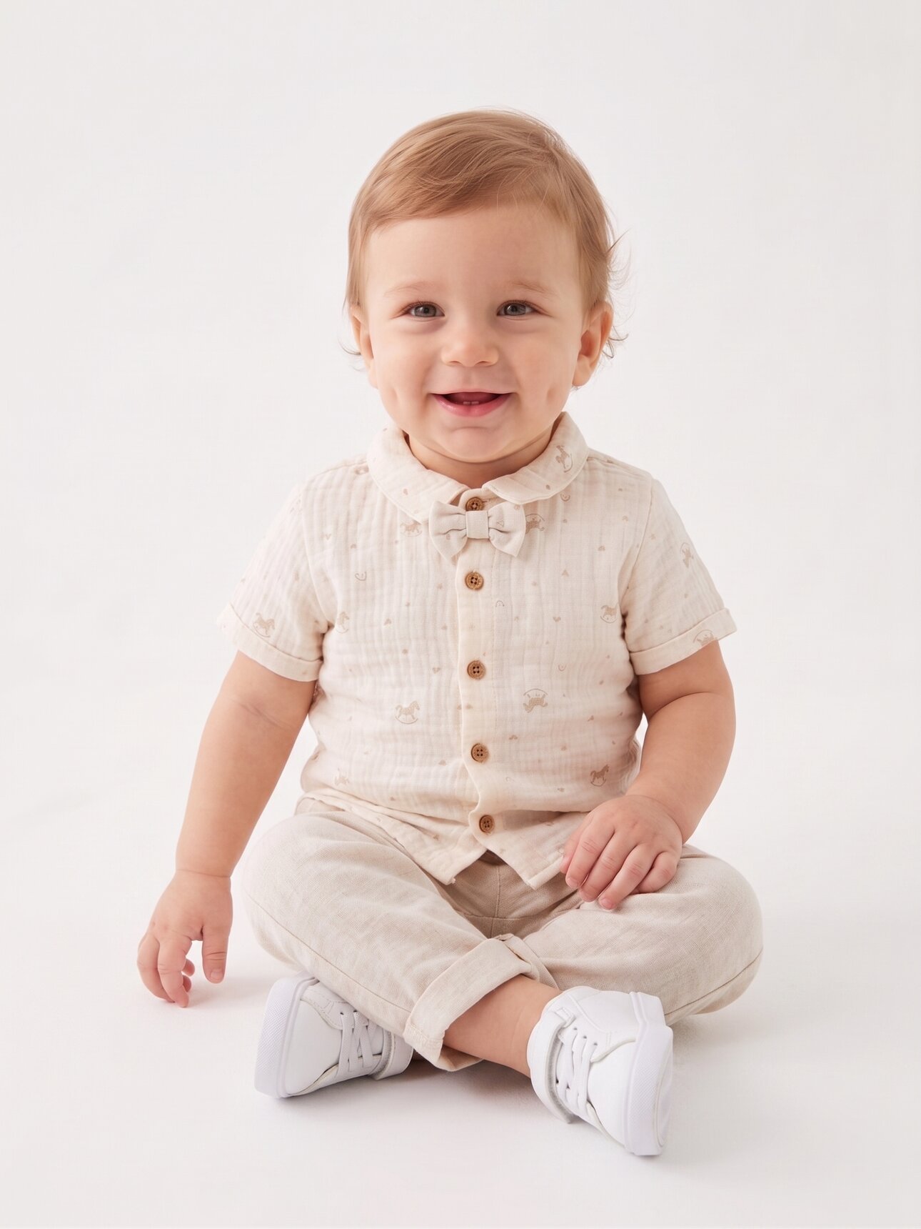 Organik Saf Pamuk Bayramlık Papyon Detaylı Yumuşacık 2li Erkek Bebek Takım