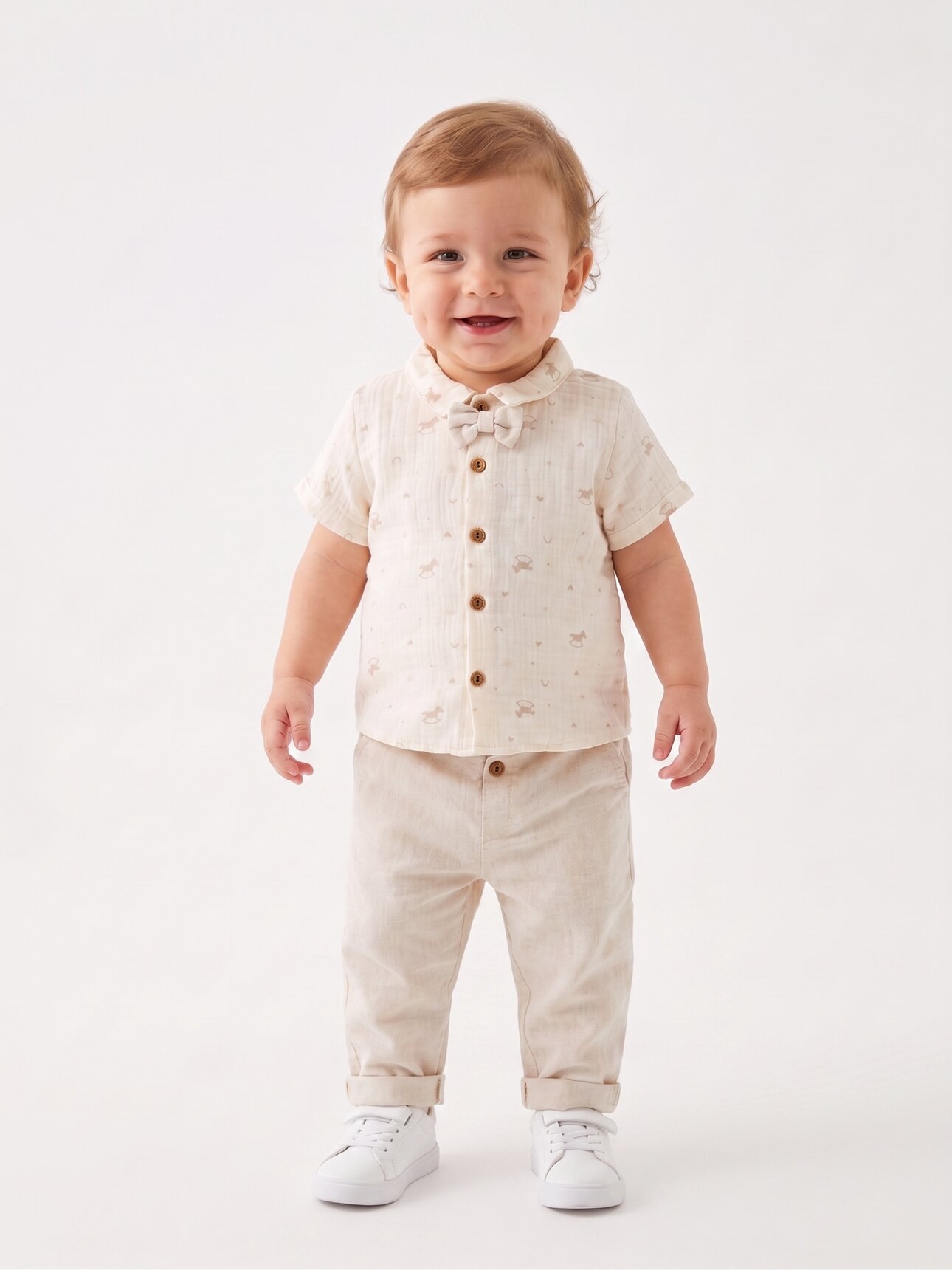 Organik Saf Pamuk Bayramlık Papyon Detaylı Yumuşacık 2li Erkek Bebek Takım