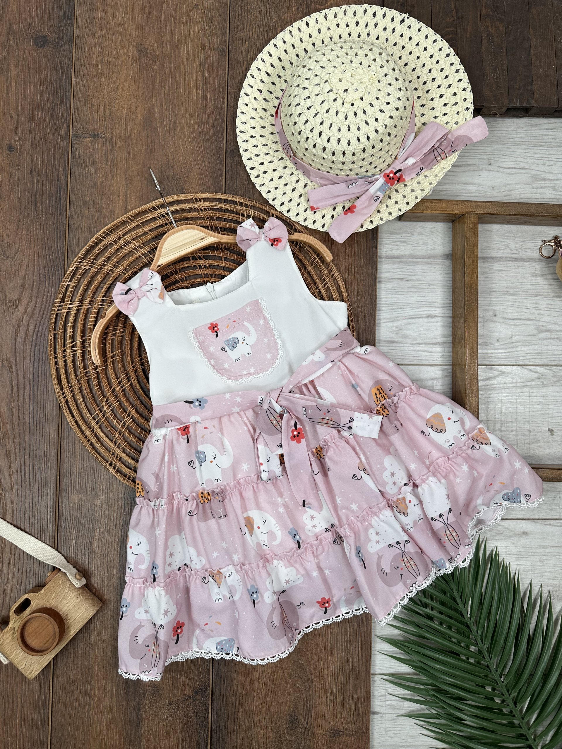 PEMBE ASKILI ŞAPKALI KIZ ÇOCUK & BEBEK ELBİSE