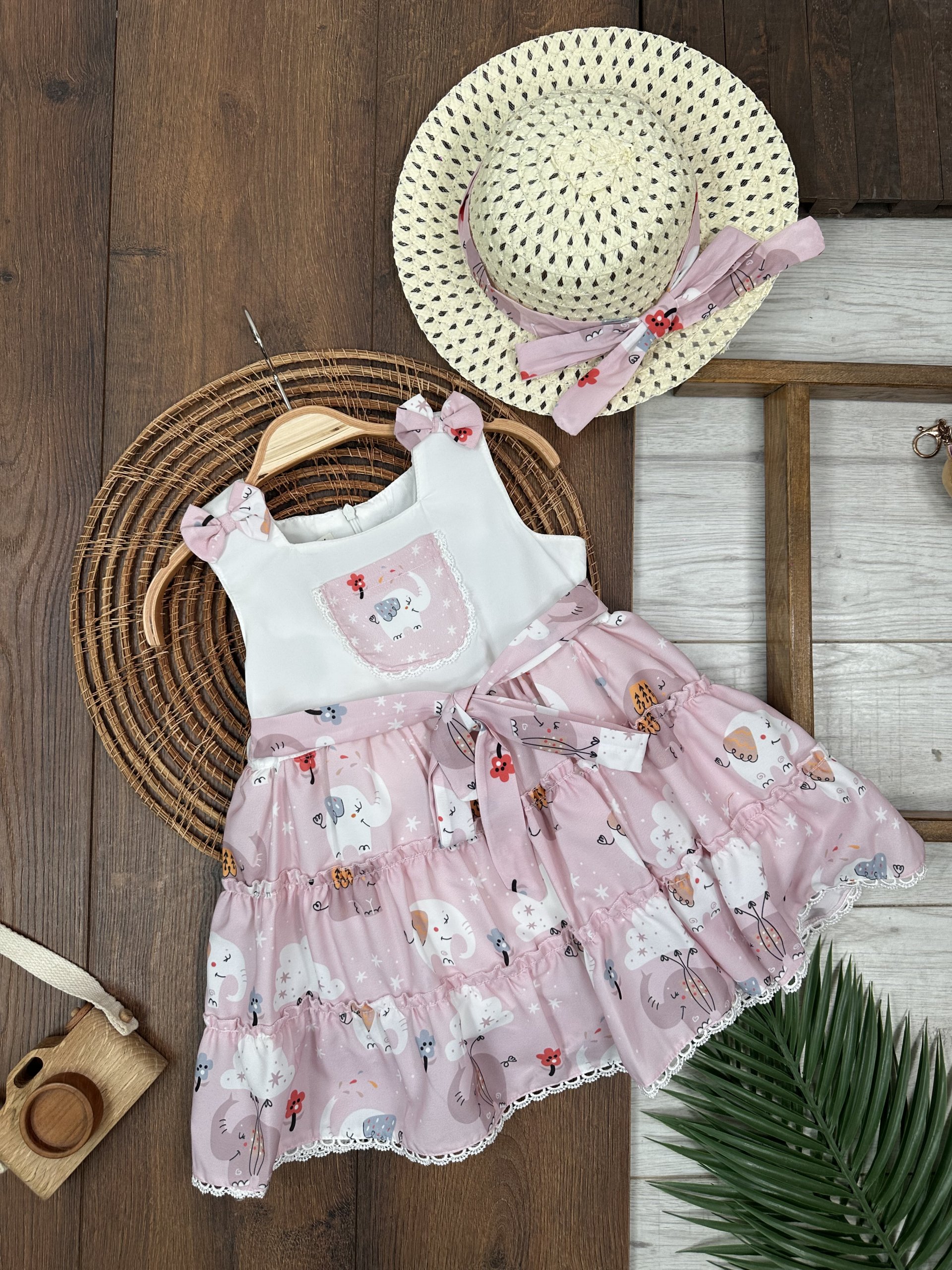 PEMBE ASKILI ŞAPKALI KIZ ÇOCUK & BEBEK ELBİSE